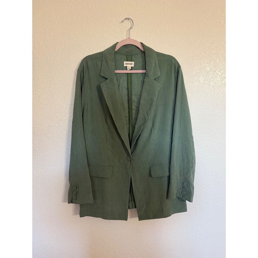Open Edit Women's Green Linen Blend Single Button Blazer Size M